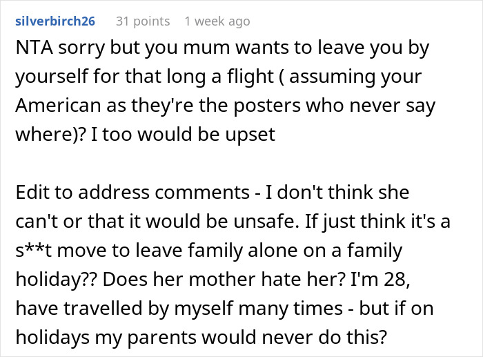 Comment discussing family vacation drama where dad upgrades one kid to business class and the other feels upset. Comment discussing family vacation drama where dad upgrades one kid to business class and the other feels upset.