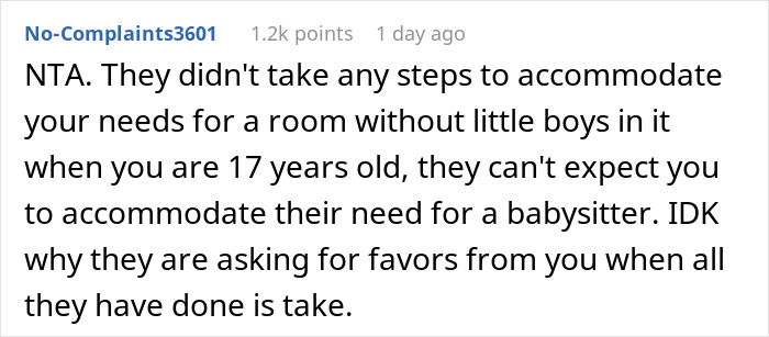 Commenter explaining a teen refusing to babysit in a blended family situation despite stepmom's expectations.