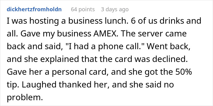 Text post on social media discussing a tipping situation with an 83 cent tip and server response.