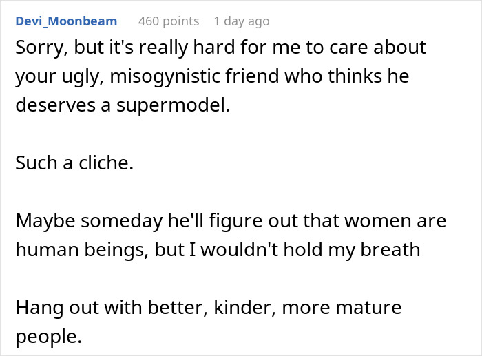 Comment criticizing a man who only wants to date influencer-like women, highlighting misogyny and a reality check. Comment criticizing a man who only wants to date influencer-like women, highlighting misogyny and a reality check.
