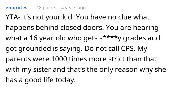 Comment discussing whether to call CPS after learning about niece&rsquo;s home life, emphasizing strict parenting and consequences.