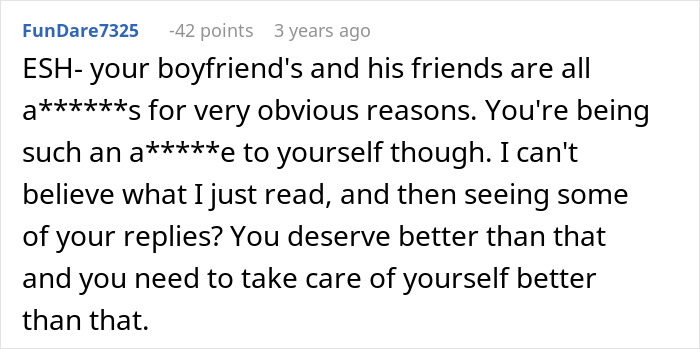 Screenshot of an online comment criticizing a woman who refuses to leave party she planned after boyfriend and friends demand privacy.