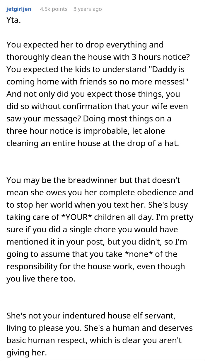 Reddit comment criticizing husband for blaming ill wife for messy home after bringing guests with short notice.