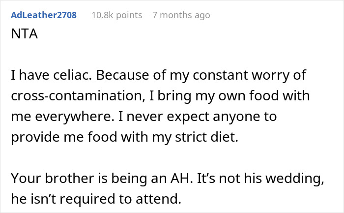 Screenshot of Reddit comment criticizing entitled brother demanding sister pay $3500 for kosher wedding meals for his girlfriend.