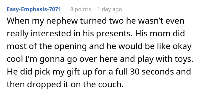 Comment post about a kid&rsquo;s party, sharing a nephew&rsquo;s lack of interest in presents and playing with toys instead.