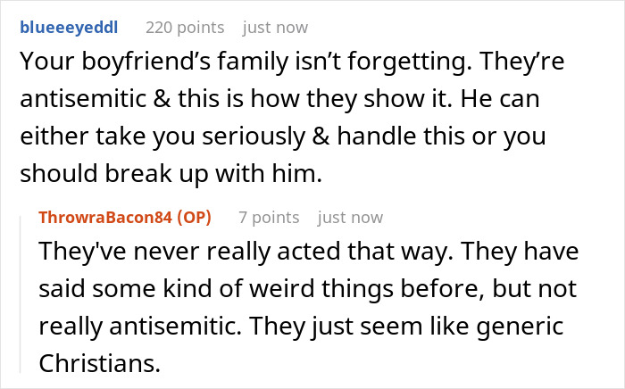 Reddit conversation about a boyfriend&rsquo;s family putting bacon in everything despite Jewish dietary restrictions.