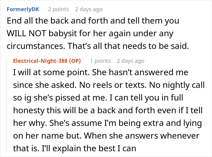 Online discussion about woman refusing to watch sister again after family claims she broke her leg.