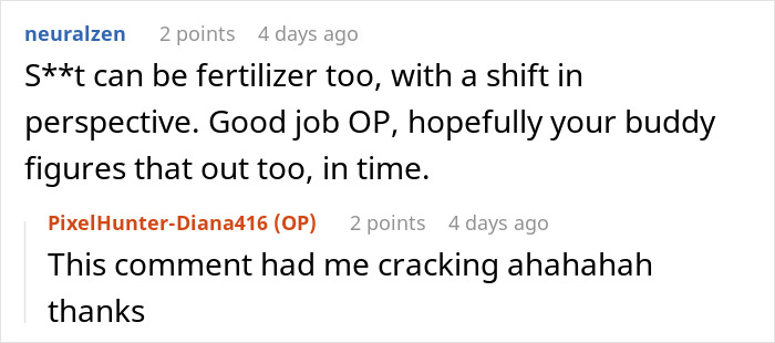 Reddit conversation screenshot showing user thanking another for a comment about a guy tracking down and turning in a childhood friend.