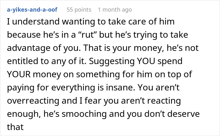 Comment explaining why a jobless guy expecting his provider girlfriend to share her $20K win and buy him a car is unreasonable and unfair.