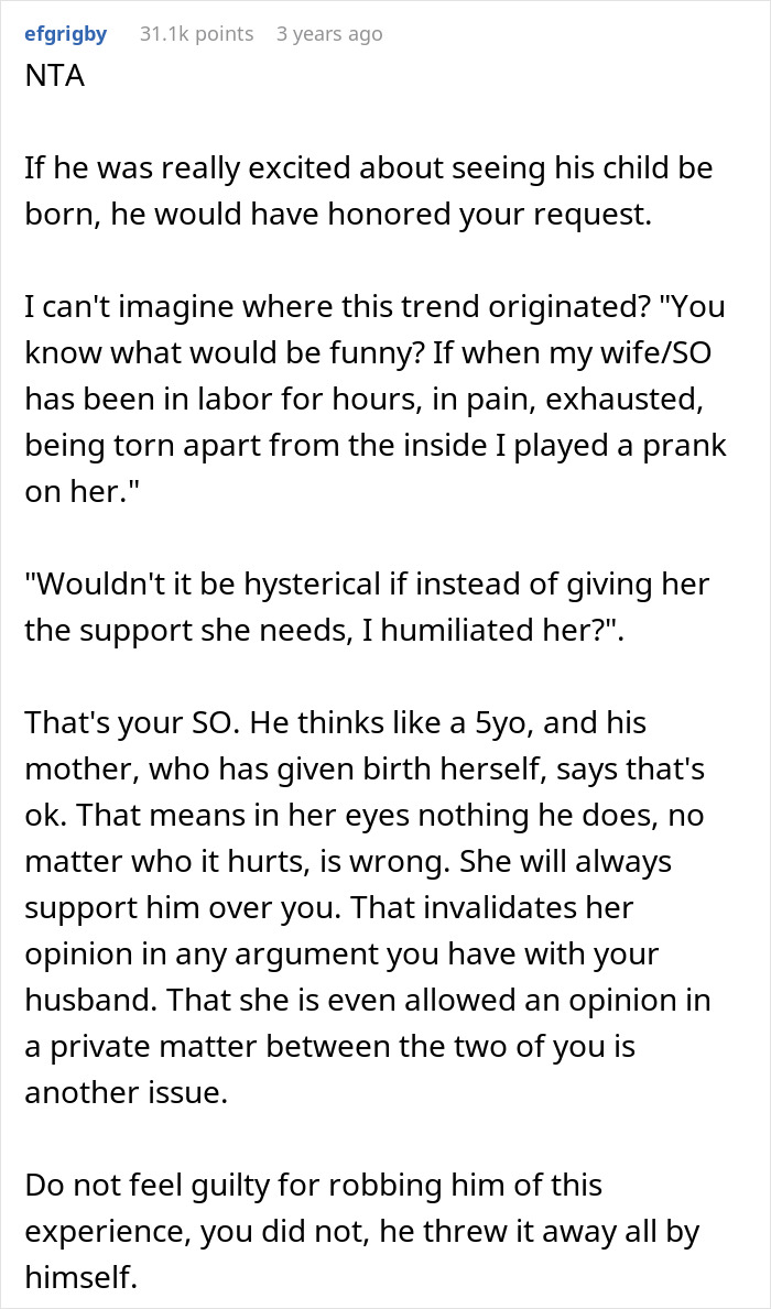 Text discussing a man furious after wife removes him from delivery room due to an inappropriate prank during labor.