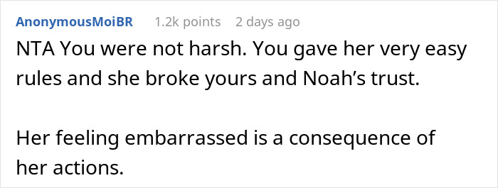 Screenshot of a user comment discussing enforcing basic boundaries during a daughter's sleepover trust and rules violation. Screenshot of a user comment discussing enforcing basic boundaries during a daughter's sleepover trust and rules violation.