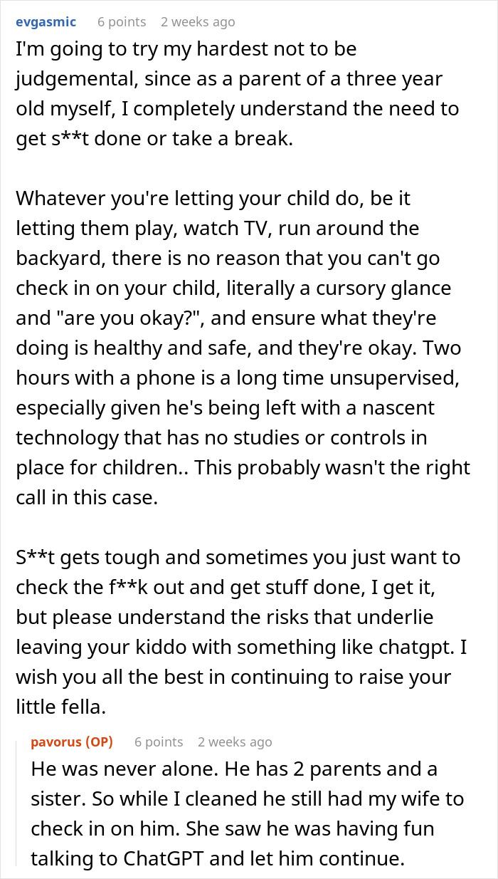 Reddit comments discussing a parent letting their 4-year-old talk to ChatGPT on a new iPad for hours. Reddit comments discussing a parent letting their 4-year-old talk to ChatGPT on a new iPad for hours.