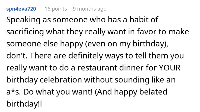 Commenter discussing the impact of sister sabotage on birthday dinner plans and asserting the importance of personal celebration. Commenter discussing the impact of sister sabotage on birthday dinner plans and asserting the importance of personal celebration.