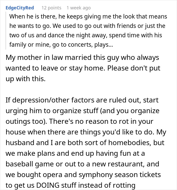 Comment discussing man’s slow change in behavior causing wife to question how their marriage reached a boring point. Comment discussing man’s slow change in behavior causing wife to question how their marriage reached a boring point.