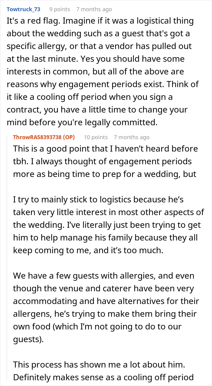 Reddit discussion about woman&rsquo;s loneliness and fianc&eacute; banning conversation topics during engagement and wedding planning.