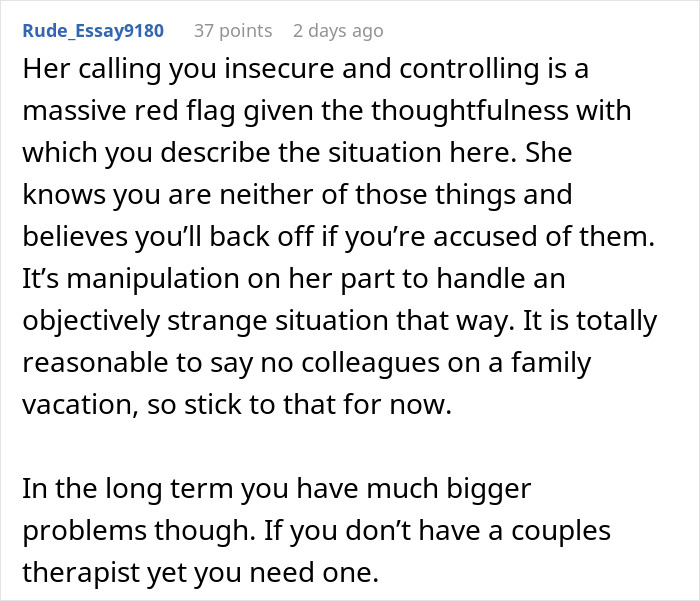 Screenshot of a Reddit comment discussing refusal to let wife's work husband join a family vacation and relationship boundaries.