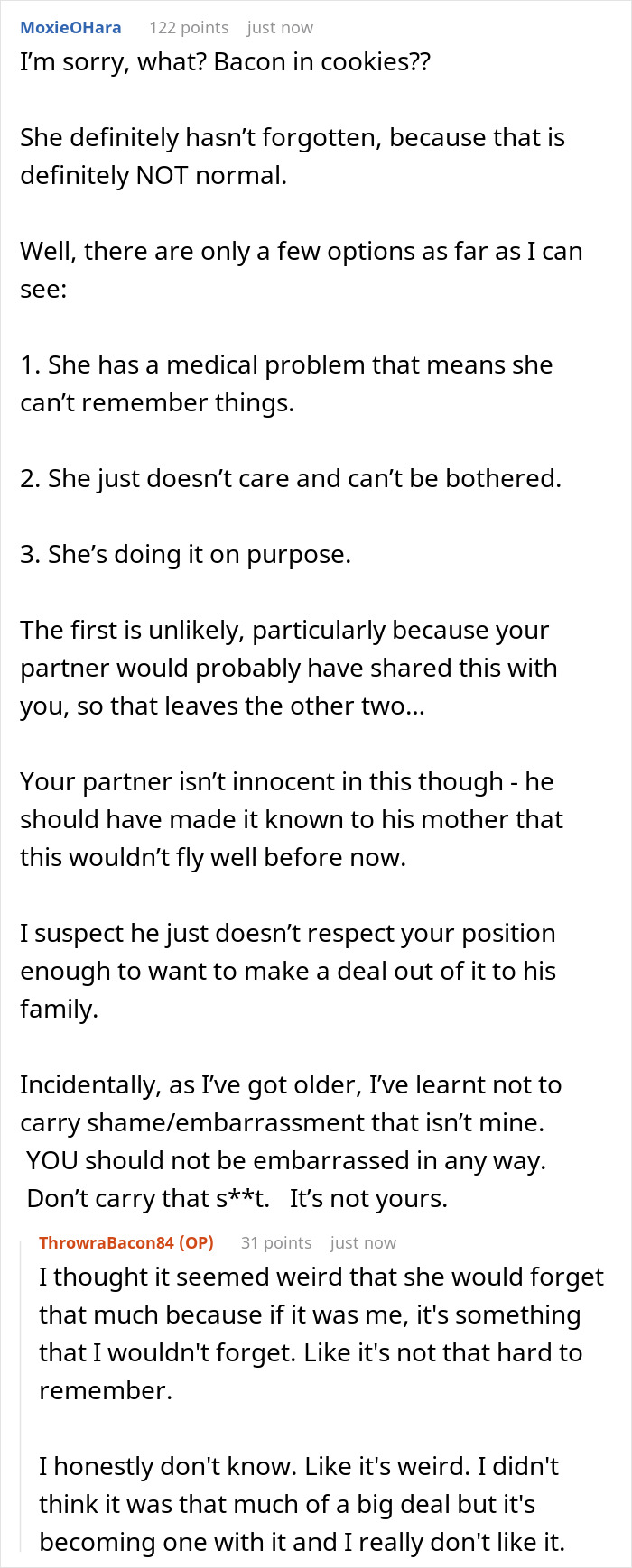 Comment discussing bacon in foods despite Jewish dietary restrictions and family dynamics involving bacon every visit.