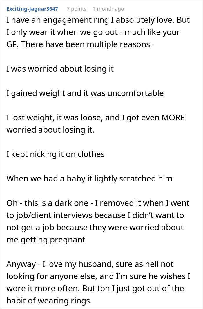Text post explaining reasons a woman refuses to wear her engagement ring, addressing concerns from a worried fiancé. Text post explaining reasons a woman refuses to wear her engagement ring, addressing concerns from a worried fiancé.