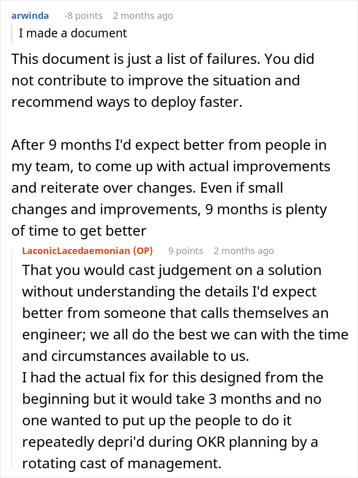 Screenshot of a Reddit discussion about challenges with deployment rules and management reconsidering the policy.