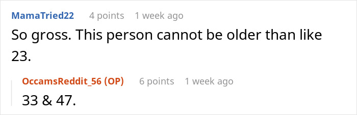 Screenshot of a Reddit conversation discussing age, related to date changed last minute wedding shaming.