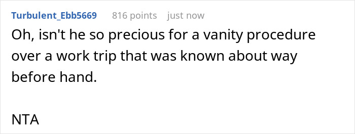 Screenshot of an online comment criticizing a husband demanding wife cancel plans over hair transplant surgery.