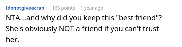 Screenshot of a Reddit comment discussing trust issues involving a woman, her fianc&eacute;, and her best friend&rsquo;s crush.