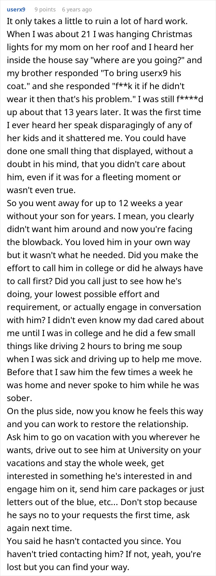 Screenshot of a detailed comment discussing parents' neglect and their son's emotional blowup over years of strained relationship.