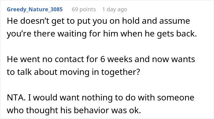 Screenshot of a Reddit comment discussing a man disappearing for weeks and partner adopting a dog despite his allergies.