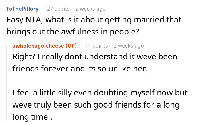 Screenshot of an online discussion where a MOH refuses to hide psoriasis for bestie&rsquo;s wedding, leading to conflict with the bride.