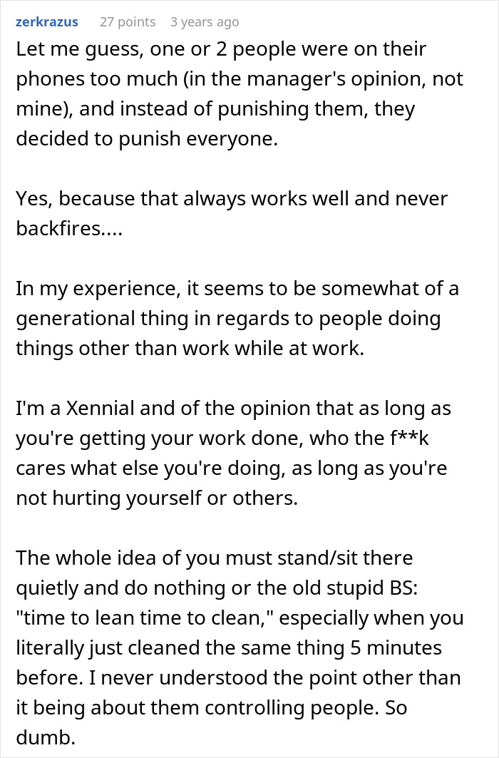 Reddit comment discussing employee compliance with company rules and management’s flawed response to workplace behavior. Reddit comment discussing employee compliance with company rules and management’s flawed response to workplace behavior.