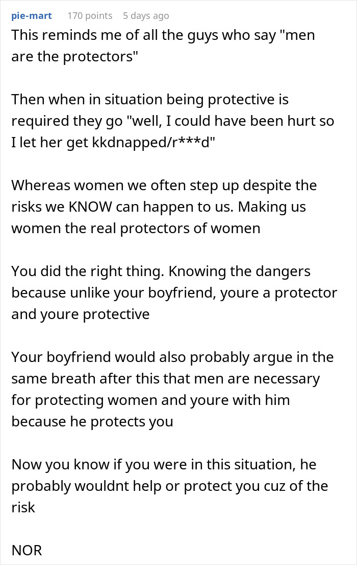 Comment discussing men as protectors versus women stepping up to confront men trying to kidnap a drunk girl. Comment discussing men as protectors versus women stepping up to confront men trying to kidnap a drunk girl.