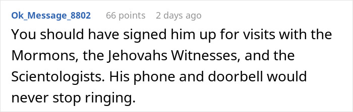 Screenshot of a Reddit comment suggesting signing up a man who blocked a garage for visits from religious groups.