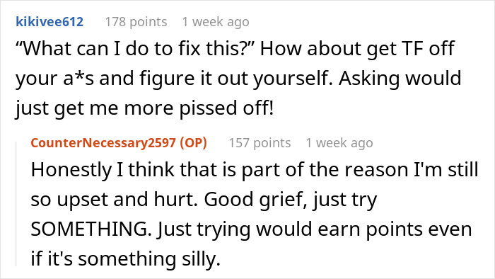Reddit conversation showing a man admitting he&rsquo;s still hurt after skipping his wife&rsquo;s first Mother&rsquo;s Day for his mom.