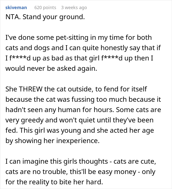 User comment discussing refusing to pay a cat-sitter who neglected the cat, highlighting cat-sitting responsibilities and issues.