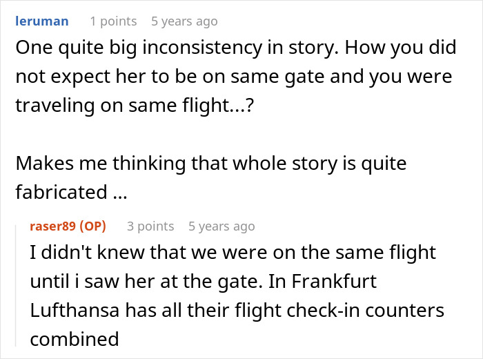 Reddit user discusses entitled mother insisting on paying upgrade and inconsistency in flight story at airport gate.