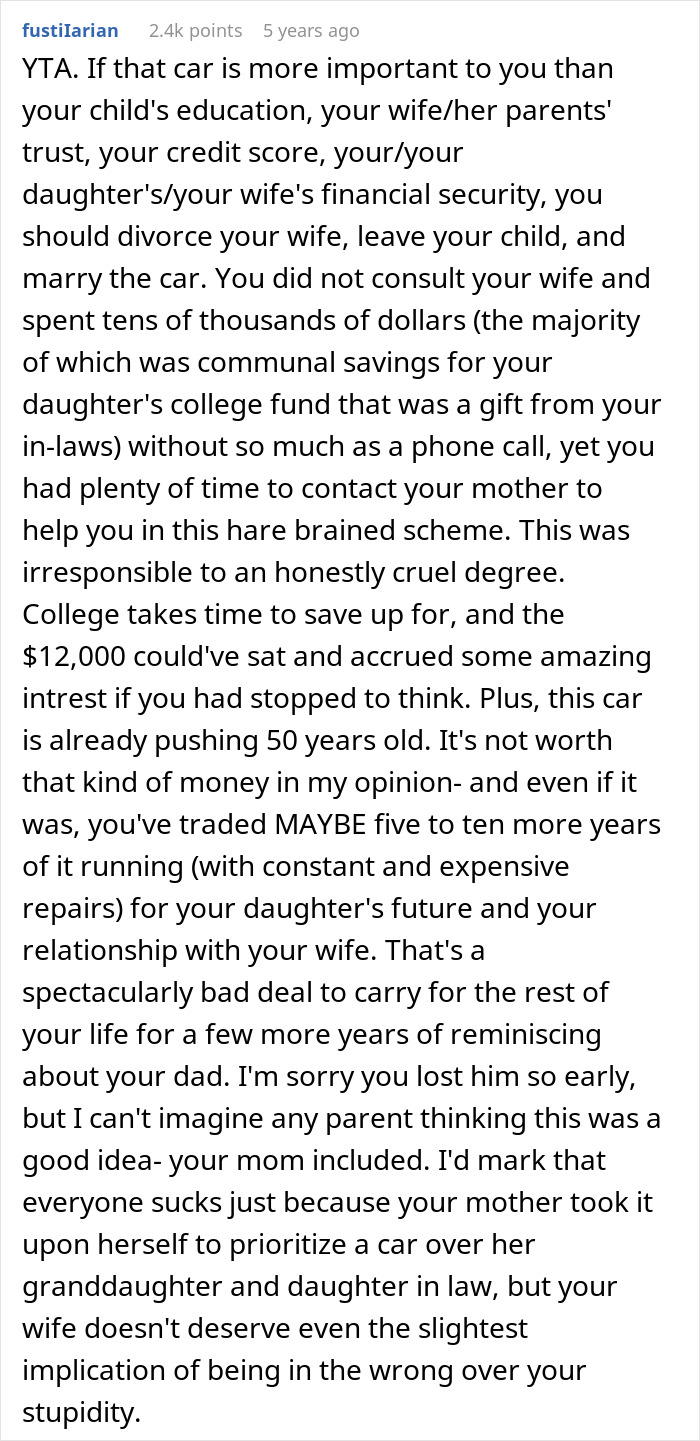 Text post criticizing a man for buying a 1972 Ford Bronco by deceiving his postpartum wife, risking family trust and finances.