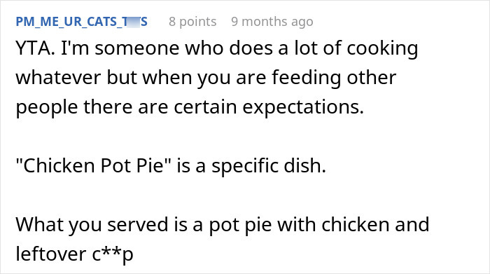 Screenshot of a Reddit comment discussing a brother-in-law walking out after host alters classic chicken pot pie at family gathering.