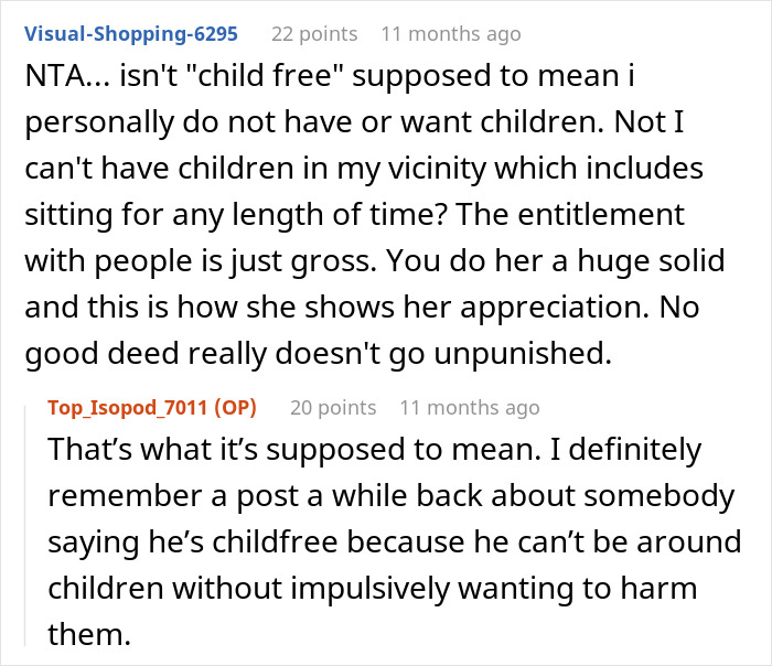 Reddit comments discussing a man needing his niece to watch his 11-year-old son and her asking for $100 compensation.