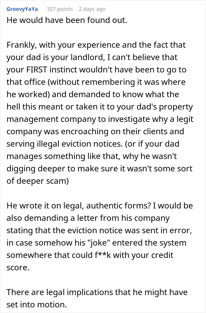 Commenter discussing legal risks and consequences of eviction notices in a detailed online forum post about prank revenge.