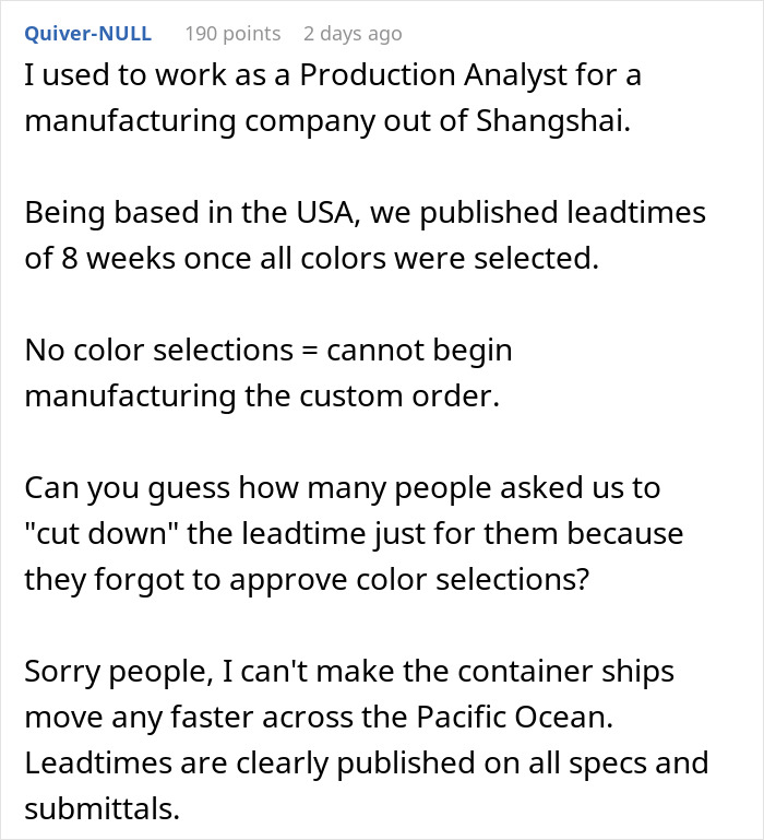 Client panics as designer stops follow-ups on approvals after request, causing confusion over leadtime and color selections. Client panics as designer stops follow-ups on approvals after request, causing confusion over leadtime and color selections.