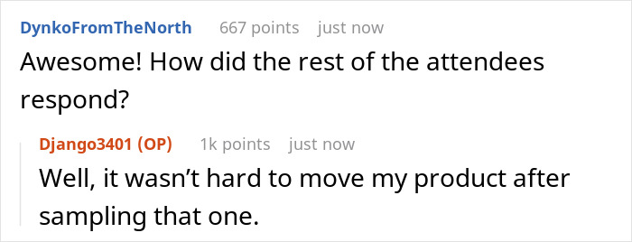 Conversation showing a friend using a wine sample insult to humorously discuss product response.