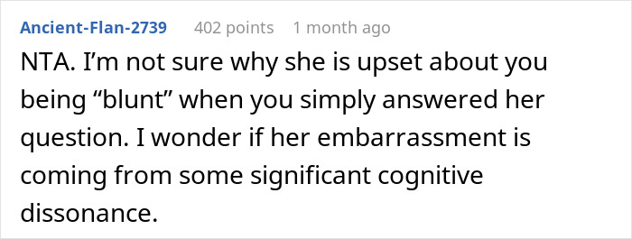 Screenshot of a forum comment discussing a woman being blunt about why she can’t travel with a friend and the resulting accusation. Screenshot of a forum comment discussing a woman being blunt about why she can’t travel with a friend and the resulting accusation.