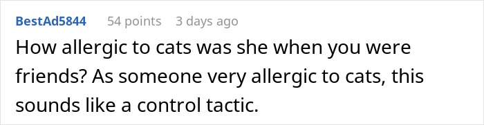 Screenshot of a user comment discussing a man demanding his ex rehomes her cats due to his new wife's severe cat allergy.