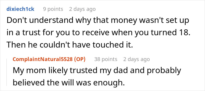 Reddit user discusses stolen inheritance and family trust concerns in a court case involving $100K and a broken family relationship.