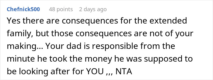 Reddit comment discussing consequences after woman takes dad to court over $100K stolen inheritance dispute.