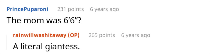 Screenshot of an online discussion about a tall mom, highlighting an exchange mentioning babysitters and clueless neighbors.