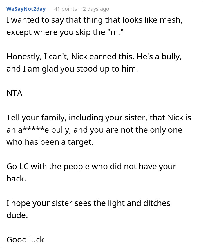 Screenshot of an online comment discussing a harmless prank, panic, and revenge involving a man and his girlfriend&rsquo;s sister.