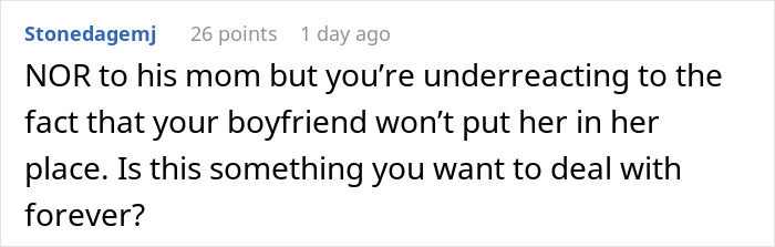 Screenshot of a Reddit comment discussing a woman being called a downgrade by her boyfriend&rsquo;s mom and compared to his classy ex.