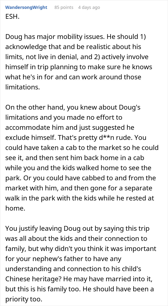 Text discussing bil struggles and mobility issues during a China trip, emphasizing planning and family connection challenges.