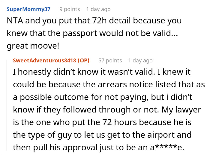 Screenshot of a Reddit conversation about a woman who strands her deadbeat ex at the airport due to passport revocation.